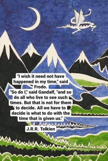 Quote from the Lord of the Rings: “I wish it need not have happened in my time," said Frodo. "So do I," said Gandalf, "and so do all who live to see such times. But that is not for them to decide.